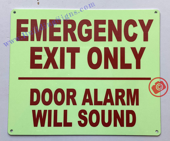 Photoluminescent EMERGENCY EXIT ALARM WILL SOUND AUTOMATICALLY WHEN DOOR OPENS Signage