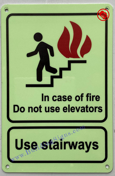 Photoluminescent IN CASE OF FIRE DO NOT USE ELEVATORS USE STAIRWAYS Signage