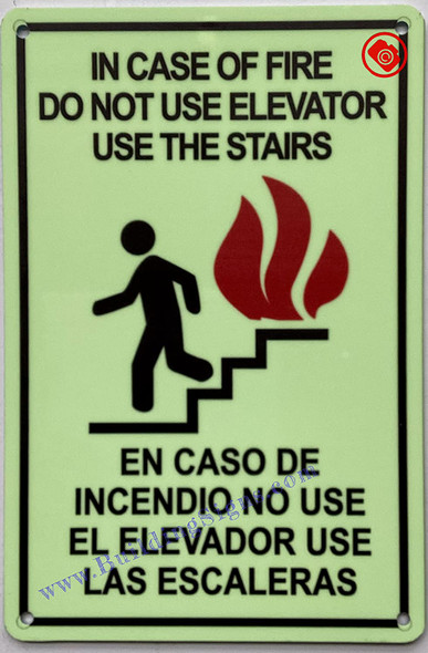 Photoluminescent IN CASE OF FIRE USE STAIRS ENGLISH/SPANISH Signage