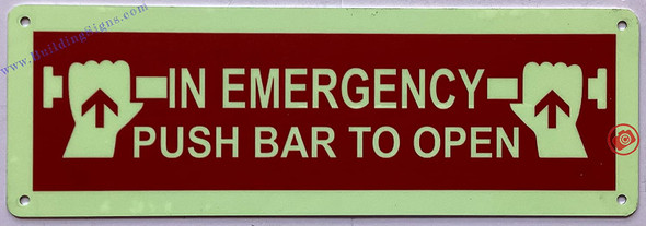 Photoluminescent IN EMERGENCY PUSH BAR TO OPEN Signage