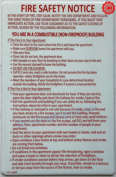 DOOR HPD NYC "FIRE SAFETY NOTICE"-NON FIRE PROOF BUILDING Signage