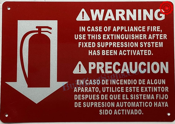 WARNING IN CASE OF APPLIANCE FIRE USE THIS EXTIMGUISHER SIGN WITH ARROW DOWN SIGN