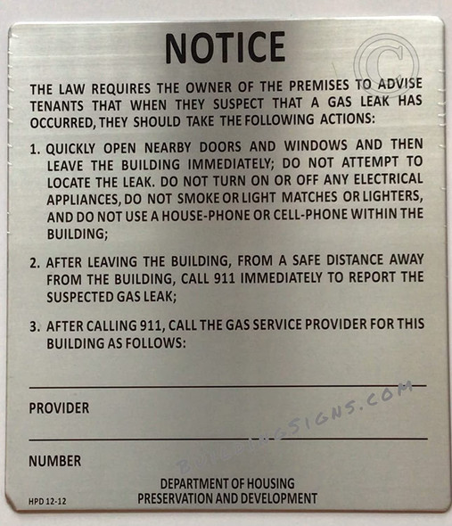 HPD NYC GAS LEAK NOTICE ENGLISH SIGN