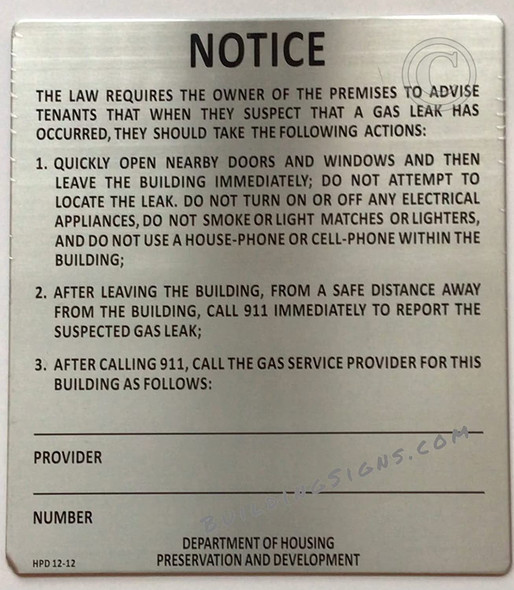 HPD NYC GAS LEAK NOTICE ENGLISH Signage