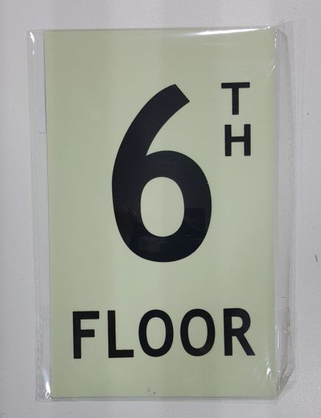 FLOOR NUMBER SIGN - 6TH FLOOR SIGN - PHOTOLUMINESCENT GLOW IN THE DARK SIGN