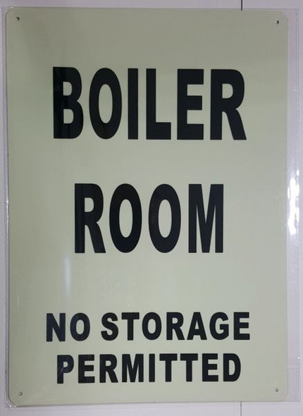 BOILER ROOM NO STORAGE PERMITTED SIGN - PHOTOLUMINESCENT GLOW IN THE DARK SIGN