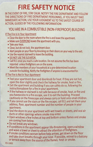 Signage  DOOR HPD NYC "FIRE SAFETY NOTICE"-NON FIRE PROOF BUILDING