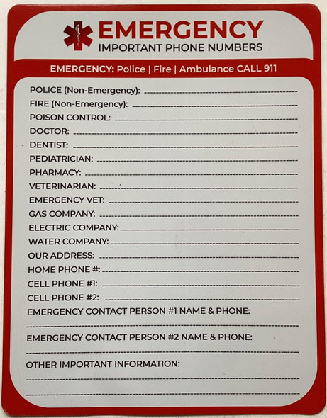 Emergency Important Phone Numbers - in Case of Emergency Fridge Magnet with Marker