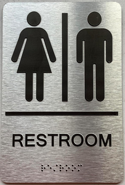 Signage  Restroom/Unisex ADA Compliant  with Raised letters/Image & Grade 2 Braille - Includes Red Adhesive pad for Easy Installation