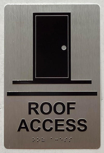 Sign ROOF ACCESS  Raised letters, Raised Image & Grade 2 Braille - Includes Red Adhesive pad for Easy Installation ( SILVER Color, Tacticle , Aluminium) - The Sensation line