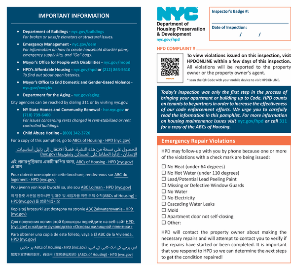 HPD Complaint Pamphlet for landloard review ( pdf file)