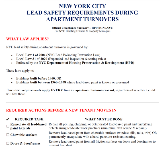 NYC Lead Safety Requirements During Apartment Turnovers (PDF FILE)