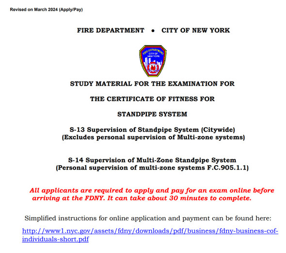 FDNY STUDAY MATERIAL FOR CERTIFICATE OF FITNESS FOR STANDPIPE (pdf file MARCH 2024)