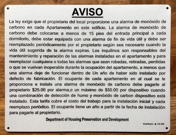 NYC SPANISH HPD CARBON MONOXIDE SIGN