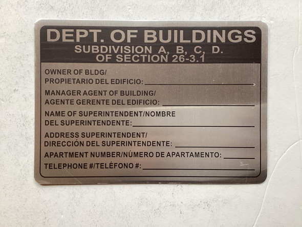 NYC ENGLISH/SPANISH DEPTARTMENT OF BUILDING SUBDIVISION A,B,C,D SIGN