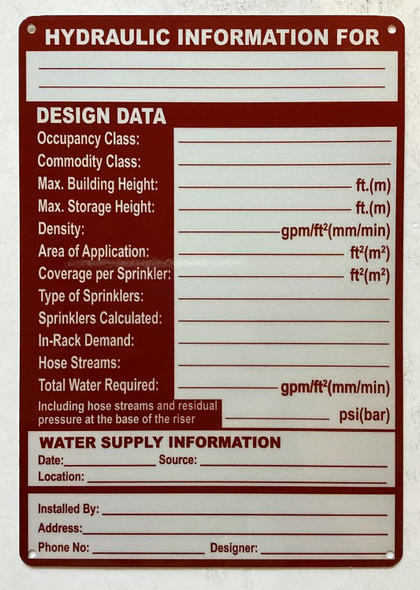NYC HYDRAULIC INFORMATION DESIGN DATA SIGN FIRE SPRINKLER SIGNS SYSTEM SIGN