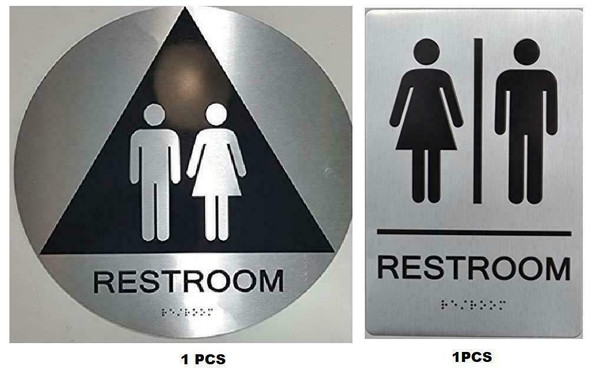 California Title 24 Geometric All Gender Restroom Sign Paired Set (6x9 Wall & Q12 Door, silver) - Tactile Signs The Sensation line