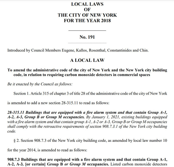 Commercial Building Carbon Monoxide Detector law nyc  (pdf file)