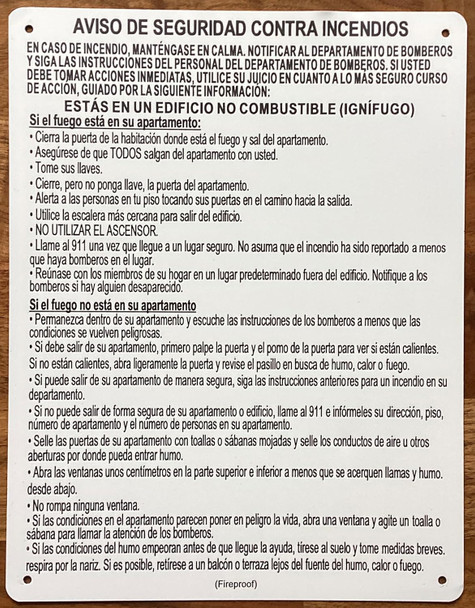 SPANISH FIRE SAFETY NOTICE