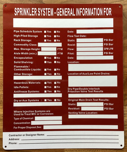 SPRINKLER SYSTEM GENERAL INFORMATION SIGN