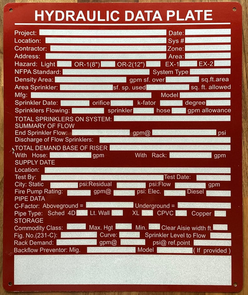 HYDRAULIC DATA PLATE SIGN