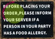 SIGN BEFORE PLACING ORDER - FOOD ALERGY