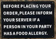 BEFORE PLACING ORDER - FOOD ALERGY SIGNAGE