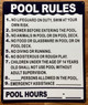 NYC POOLS RULES SIGN WITH POOL HOURS ON IT