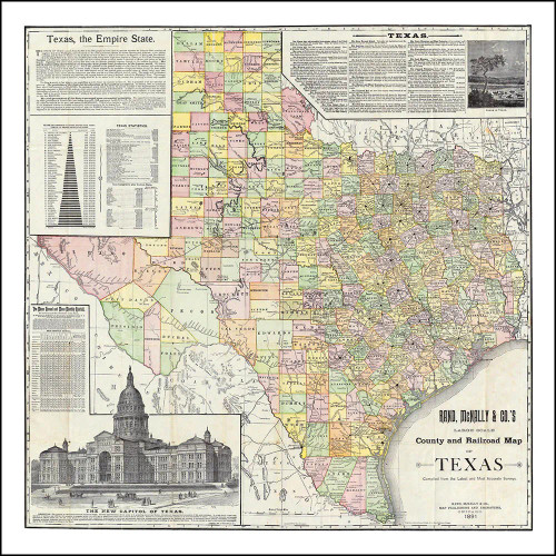 Vintage Wall Map: County and Railroad Map of Texas