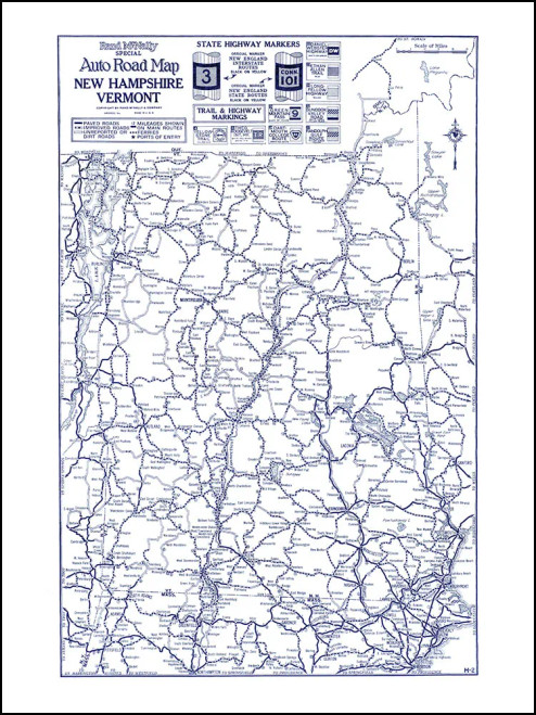 Vintage Wall Map: New Hampshire and Vermont Auto Road Map