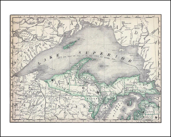 Vintage Wall Map: Northern Michigan and Lake Superior
