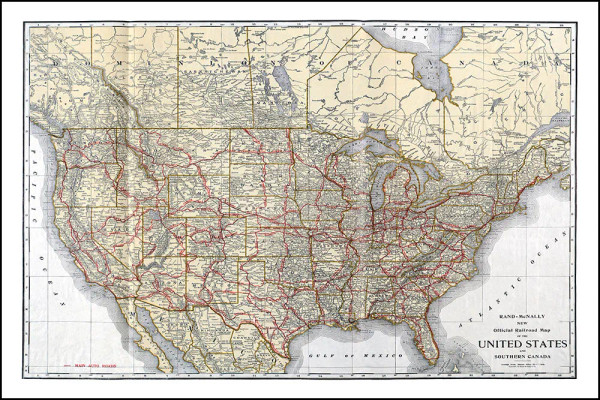 Vintage Wall Map: Official Railroad Map Of the United States & Southern Canada