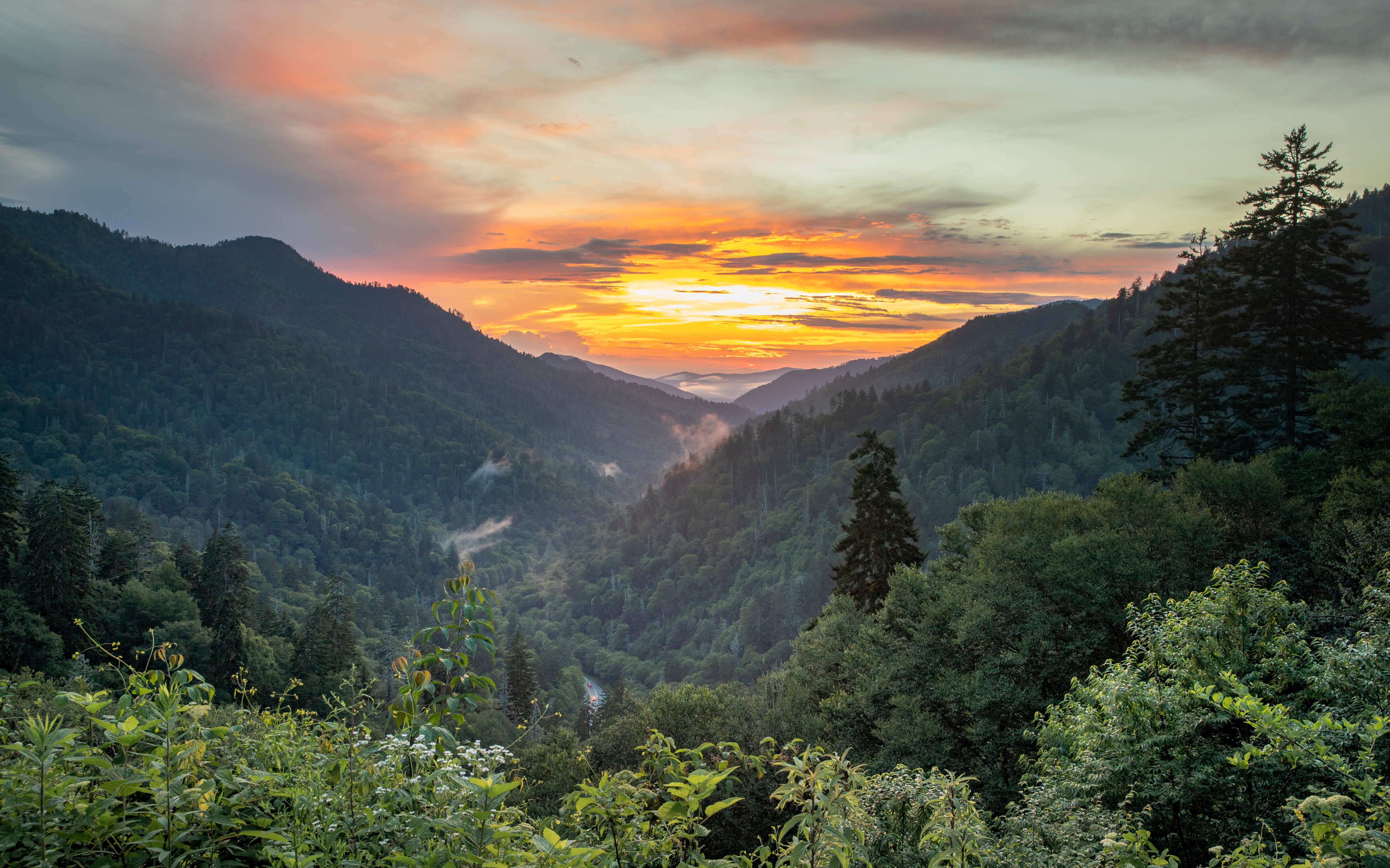 Sunset over forested peaks and valleys along a Smoky Mountain scenic drive in Great Smoky Mountains National Park