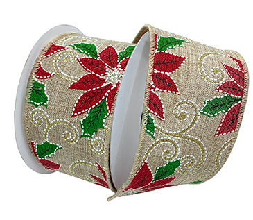 Poinsettia Linen Wired Ribbon #7824.60/10-609