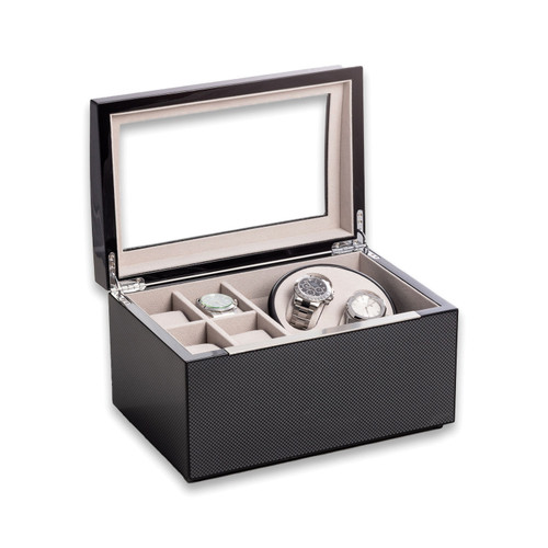 Carbon Fiber Finish Two-Watch Winder with Storage