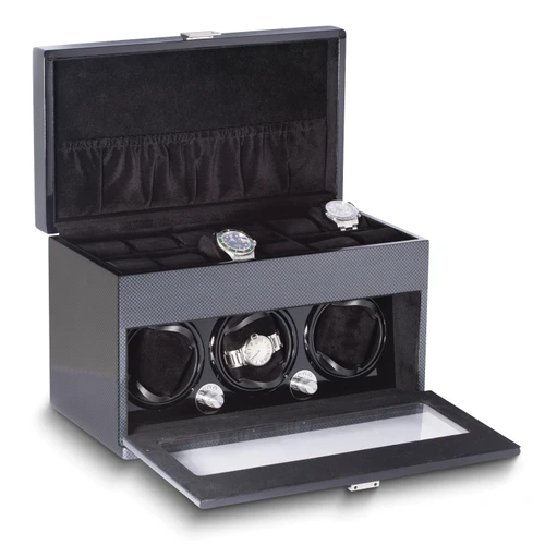 Carbon Fiber Finish Three-Watch Winder with Storage