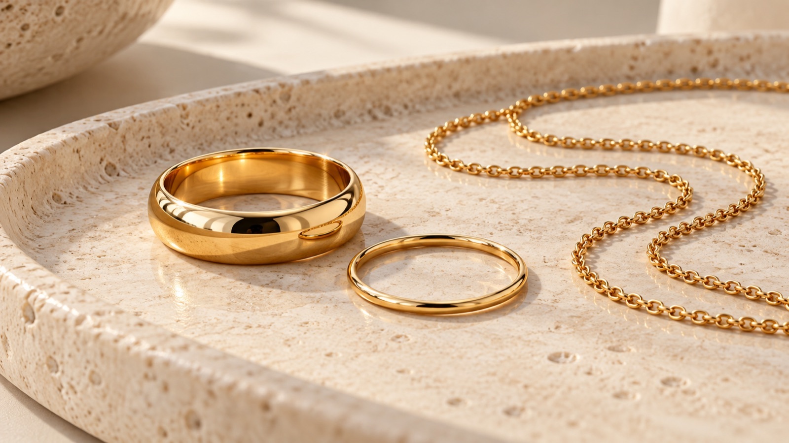 Yellow gold-colored rings and a chain arranged on an ivory stone tray.