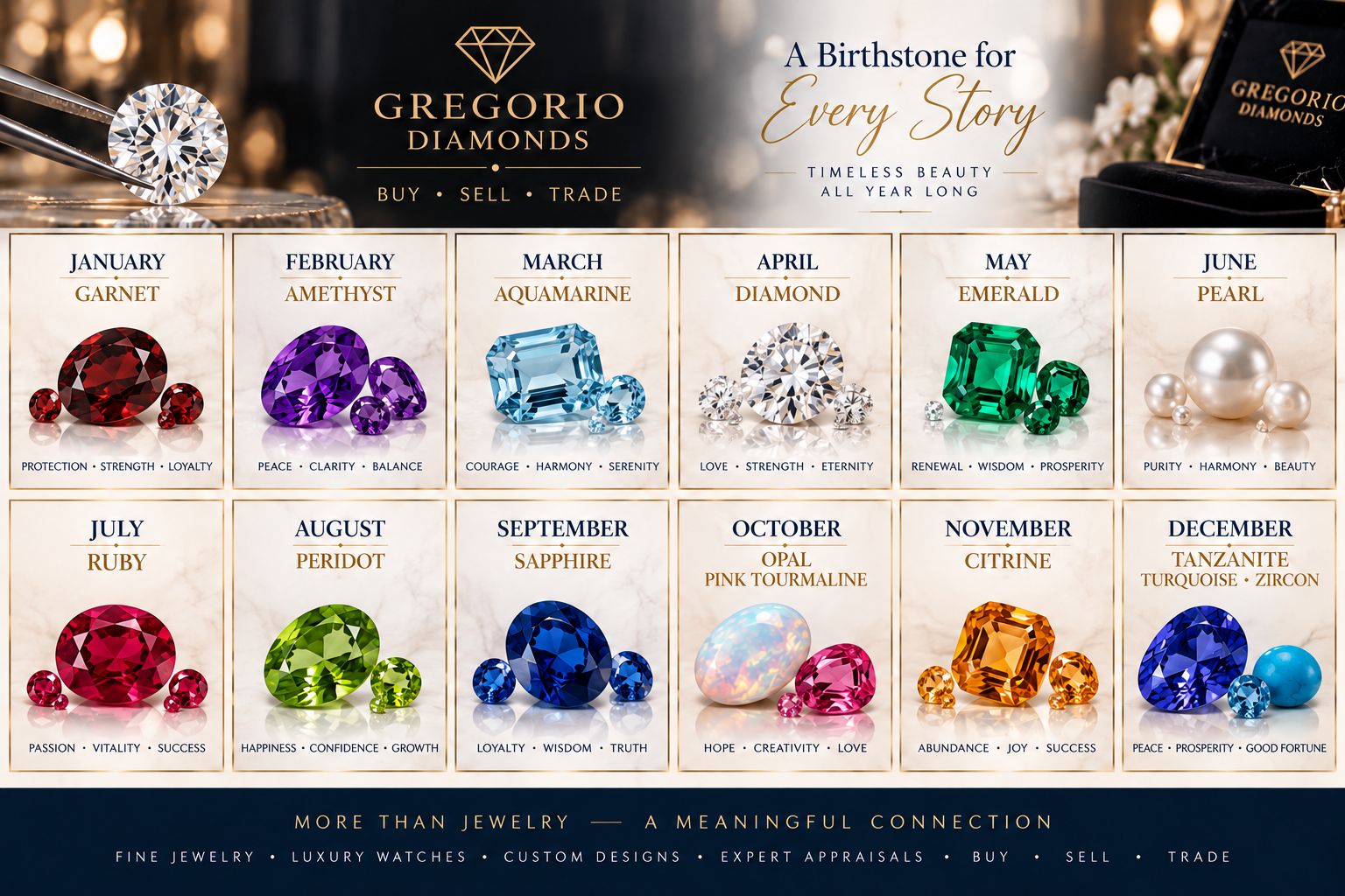Gregorio Diamonds illustrated selection of monthly birthstones, with opal and pink tourmaline shown for October.