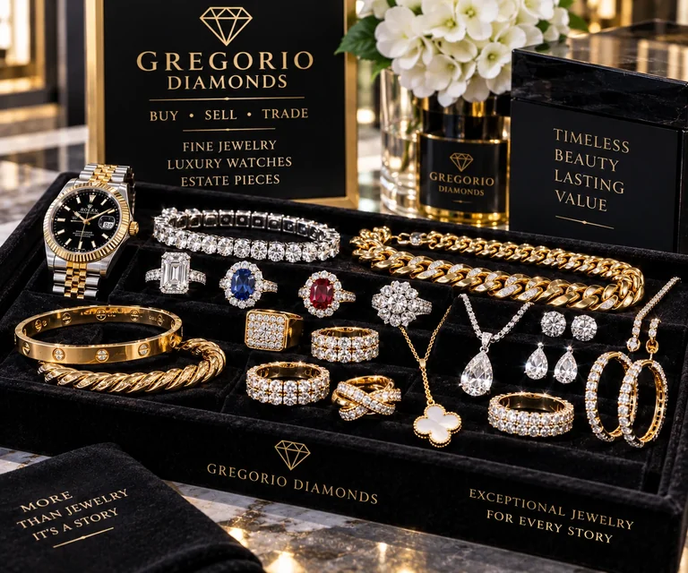 Assorted fine jewelry on a black velvet tray at Gregorio Diamonds in Hialeah, Florida, featuring diamond rings, gold jewelry, bracelets, necklaces, earrings, and luxury watches.