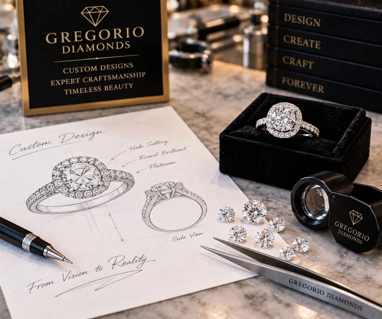 Custom jewelry design sketch with loose diamonds and a finished diamond engagement ring at Gregorio Diamonds in Hialeah, Florida.