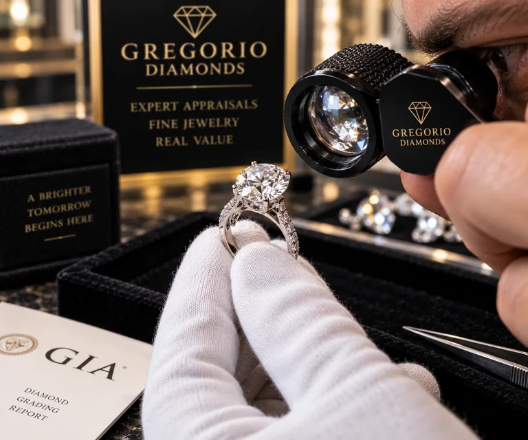 Diamond engagement ring examined under a jeweler’s loupe at Gregorio Diamonds in Hialeah, Florida, for professional diamond evaluation and appraisal.