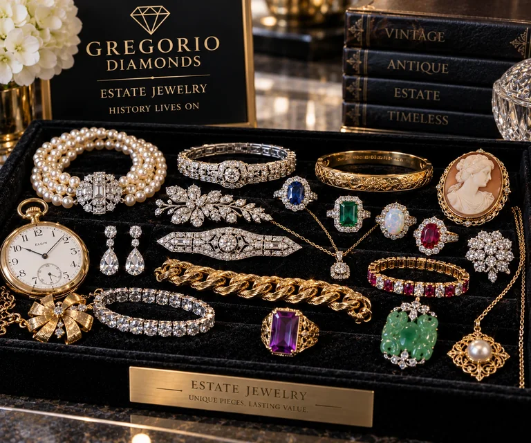 Estate jewelry collection on a black velvet tray at Gregorio Diamonds in Hialeah, Florida, featuring diamonds, gold jewelry, pearls, gemstones, vintage watches, and antique pieces.