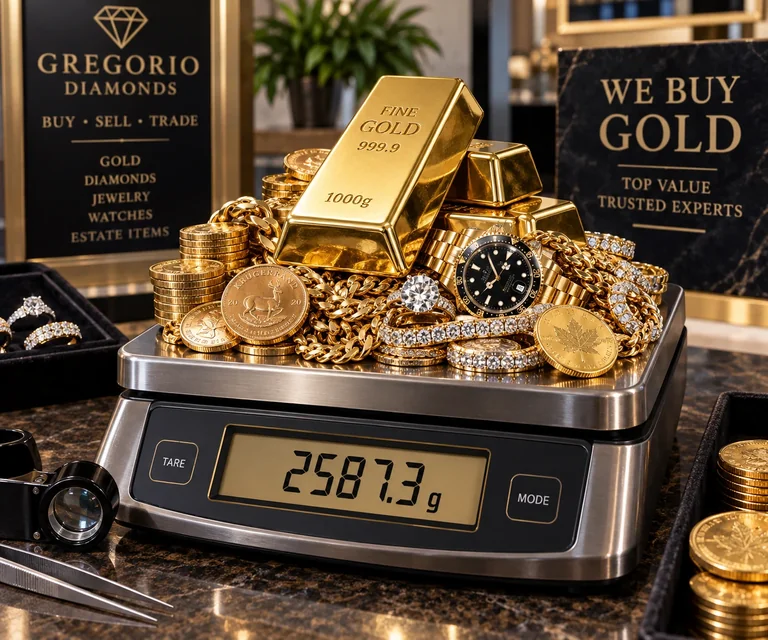 Gold bars, coins, jewelry, diamonds, and luxury watches on a scale at Gregorio Diamonds, a gold buyer in Hialeah, Florida.