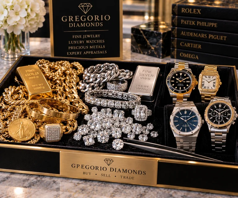 Gold, silver, loose diamonds, fine jewelry, and luxury watches displayed on a tray at Gregorio Diamonds in Hialeah, Florida, for professional buying and evaluation services.