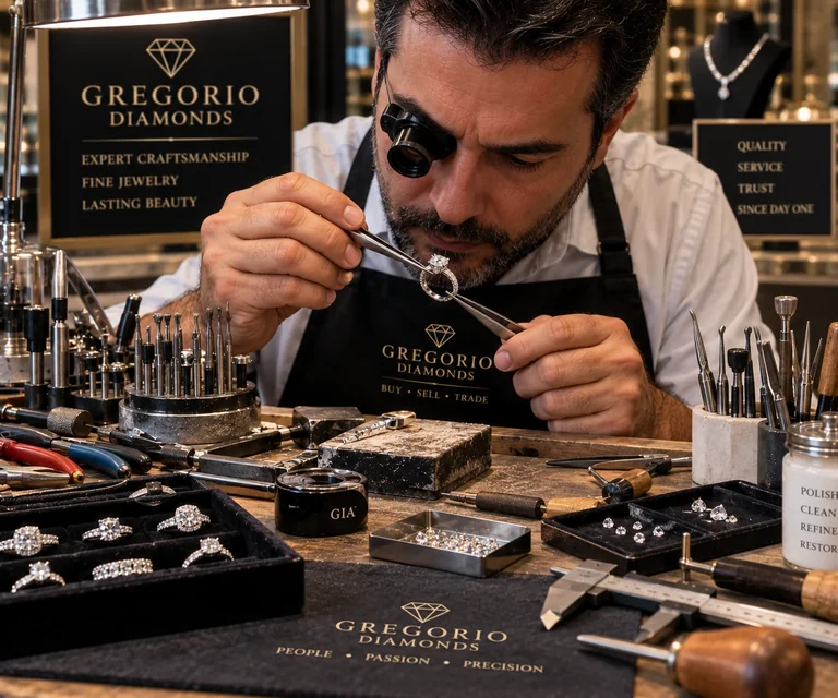 Jeweler repairing a diamond ring with tweezers and precision tools at a professional jewelry workbench at Gregorio Diamonds in Hialeah, Florida.