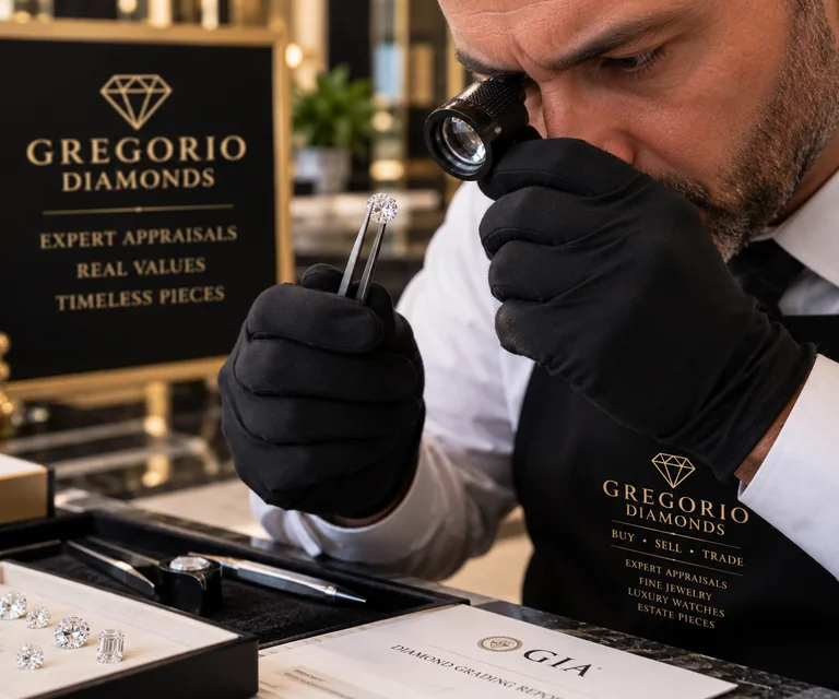 Jewelry appraiser examining a loose diamond with a loupe at Gregorio Diamonds in Hialeah, Florida, providing professional diamond and jewelry appraisal services.
