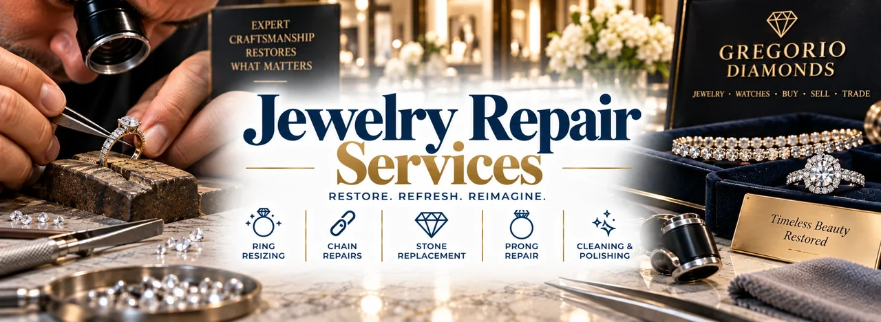 Gregorio Diamonds jewelry repair services banner — professional jeweler repairing rings, chains, and heirloom pieces in Hialeah, Florida