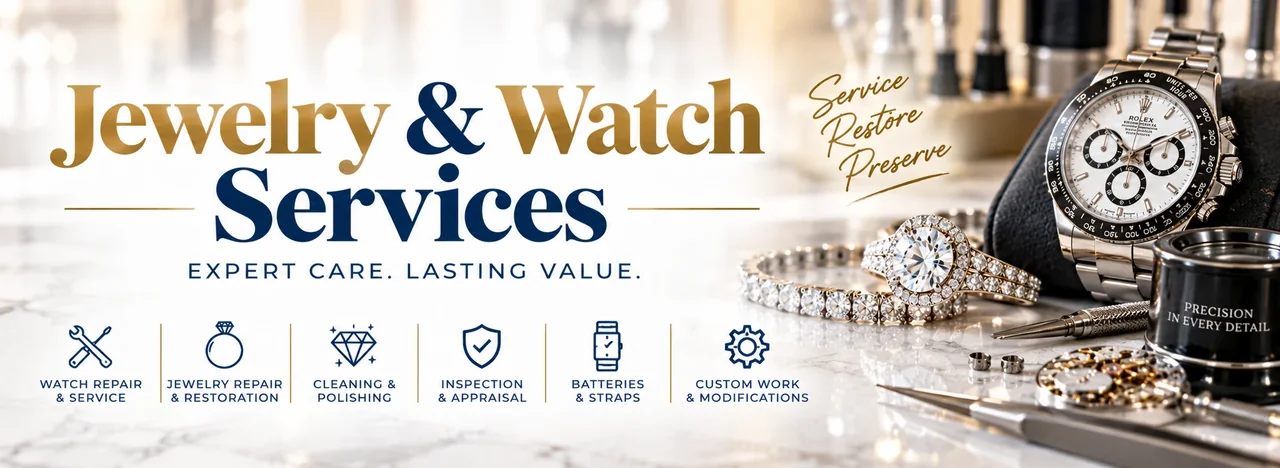 Gregorio Diamonds jewelry and watch services banner — appraisals, watch and jewelry repair, custom design, jewelry buying, and notary services in Hialeah, Florida