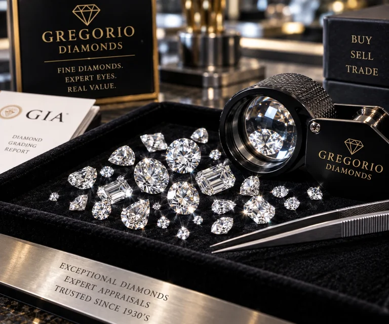 Loose diamonds under a jeweler’s loupe on a diamond tray at Gregorio Diamonds in Hialeah, Florida, for professional diamond evaluation and appraisal.