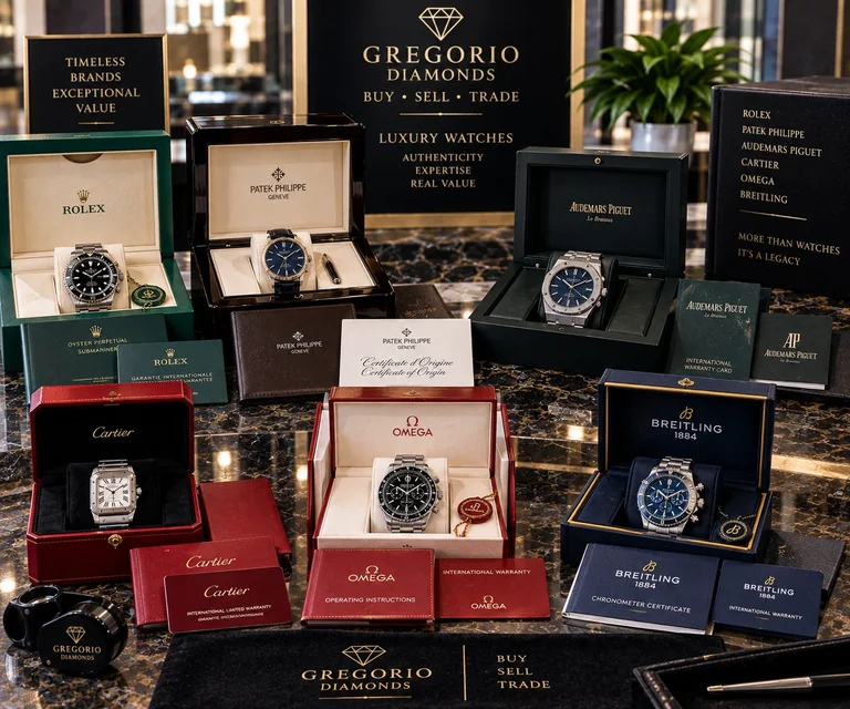 Luxury watches with original boxes, papers, and certificates at Gregorio Diamonds in Hialeah, Florida, featuring Rolex, Patek Philippe, Audemars Piguet, Cartier, Omega, and Breitling timepieces.